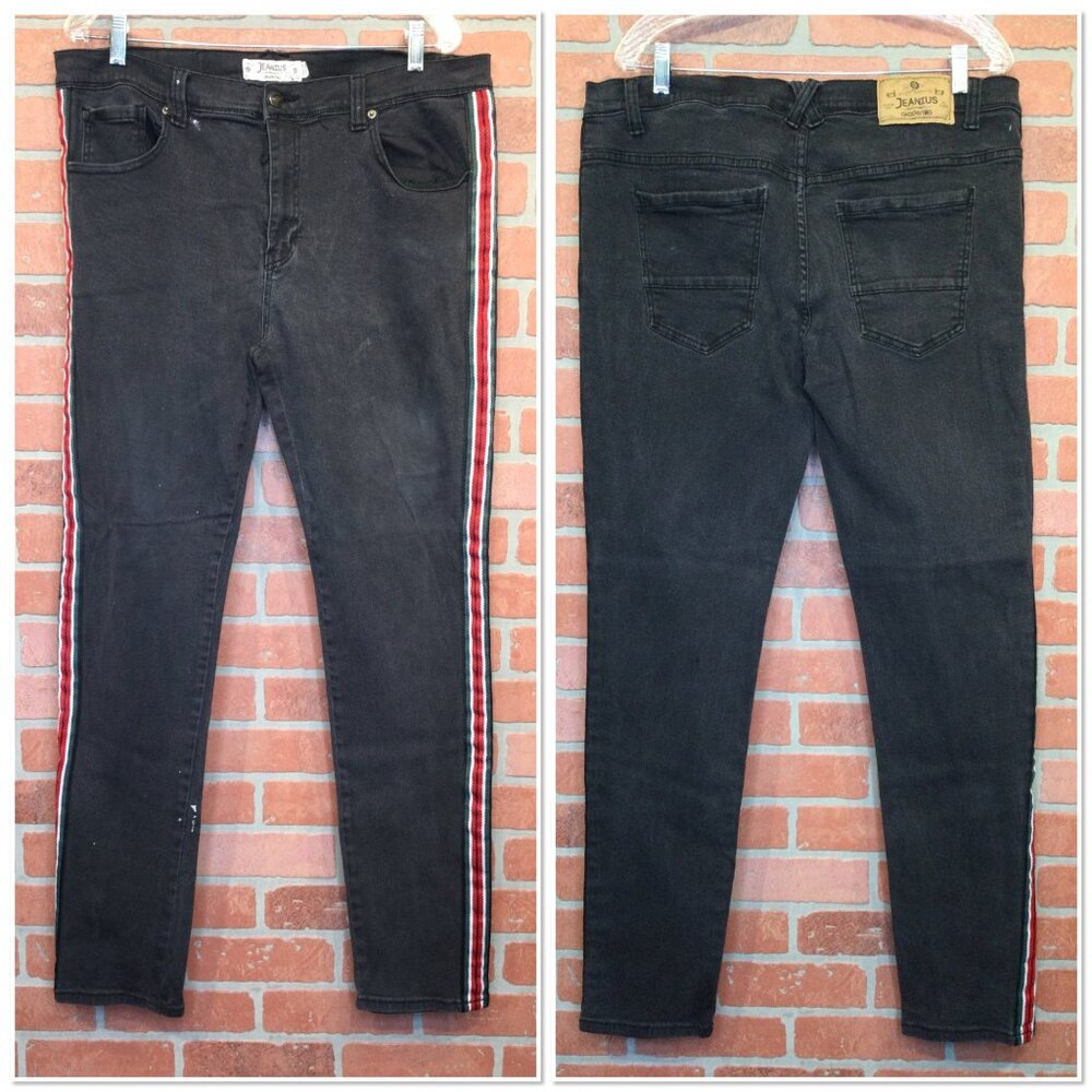 Akademiks Jeanius Mens Black Denim Jeans Red White Side Stripes